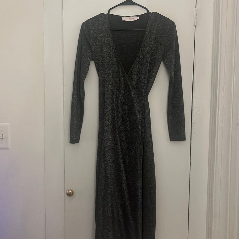 new lisa says gah shimmery long sleeve wrap dress